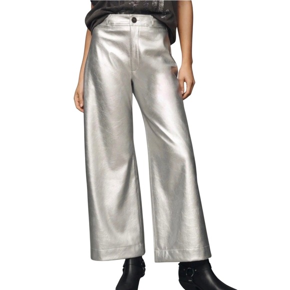 Maeve Anthro The Ettie Highrise Wide Leg Crop Faux leather metallic pants 33T - Picture 2 of 13